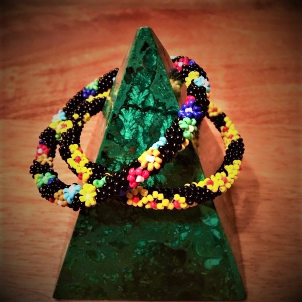 Hand Made Glass Bead Floral Bangle Bracelets